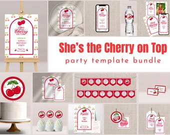 Pacote de arquivos para impressão da festa "Cherry on Top" no Canva (download digital)