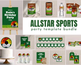 Pacote de Arquivos para Imprimir para Festa de Aniversário com Tema Esportivo: Basquete, Futebol e Softbol (Editável no Canva - Download Digital)