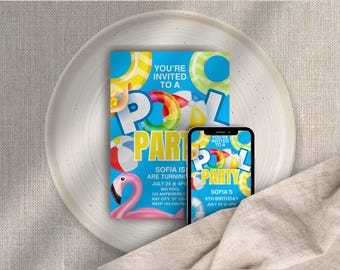 Convite para festa na piscina: Modelo editável no Canva (Download digital)