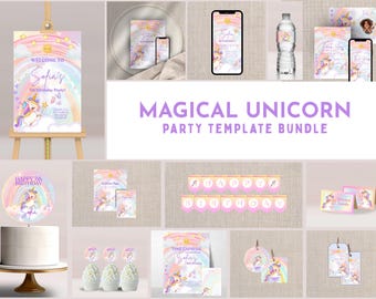 Magical Unicorn Party Printables: unicorn rainbow stars hearts Editable Canva Bundle (Digital Download)