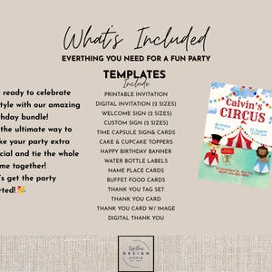 May include: A party bundle with a circus theme, including invitations, welcome signs, custom signs, cake toppers, and more. The invitation features a circus tent and the text "Calvin's Circus".
