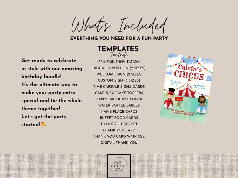 May include: A party bundle with a circus theme, including invitations, welcome signs, custom signs, cake toppers, and more. The invitation features a circus tent and the text "Calvin's Circus".