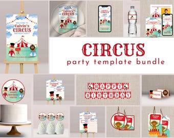 Pacote de arquivos para imprimir com tema de circo/carnaval: Arquivos editáveis para Canva (Download digital)