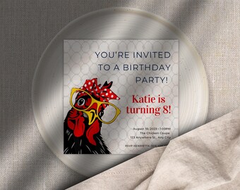 Printable Funny Chicken digital/instant download invitation/editable in Canva/birthday invite/party invite