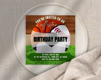 All Star Sports Birthday Invitation: Baseball, Basketball, Soccer (Canva Edit, Print at Home)