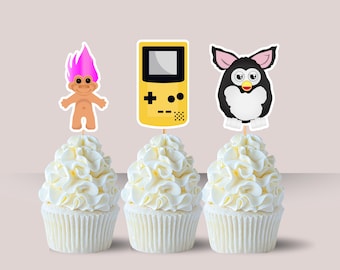 Topos de cupcake para festa dos anos 90: Furby, Troll, bichinho virtual (download digital)