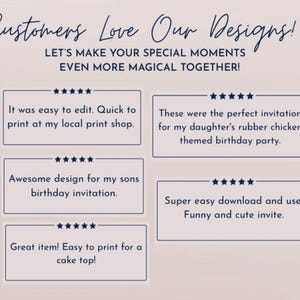 May include: A light pink background with text that reads "Customers Love Our Designs!" and "LET'S MAKE YOUR SPECIAL MOMENTS EVEN MORE MAGICAL TOGETHER!" Several customer reviews are displayed in boxes.