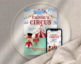 Convite para Festa de Circo: Modelo editável para Canva com tema de carnaval de circo (Download digital)