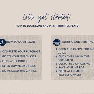 May include: A beige graphic with instructions for downloading and printing a template. The text reads "Let's get started!" and provides steps for downloading and editing the template, including "Complete your purchase" and "Customize on Canva."