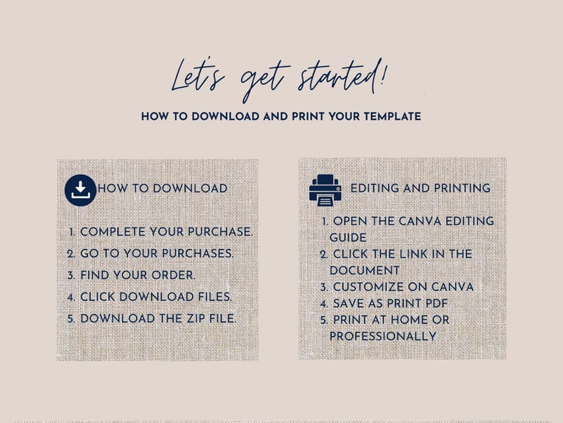 May include: A beige graphic with instructions for downloading and printing a template. The text reads "Let's get started!" and provides steps for downloading and editing the template, including "Complete your purchase" and "Customize on Canva."