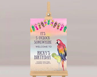 Placa de boas-vindas de Jimmy Buffett: Festa na praia com papagaio e margarita (Imagem digital)