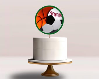 Topo de Bolo Esportivo All Star: Bola de Beisebol, Basquete e Futebol (Editável em Tela, Download Digital)