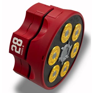 Może przedstawiać: Czerwony pojemnik w kształcie pocisku Model-R 28 z sześcioma złotymi replikami pocisków. Pojemnik ma czarne wnętrze i szary centralny element. Numer 28 i tekst "MODEL-R" są wydrukowane na biało.