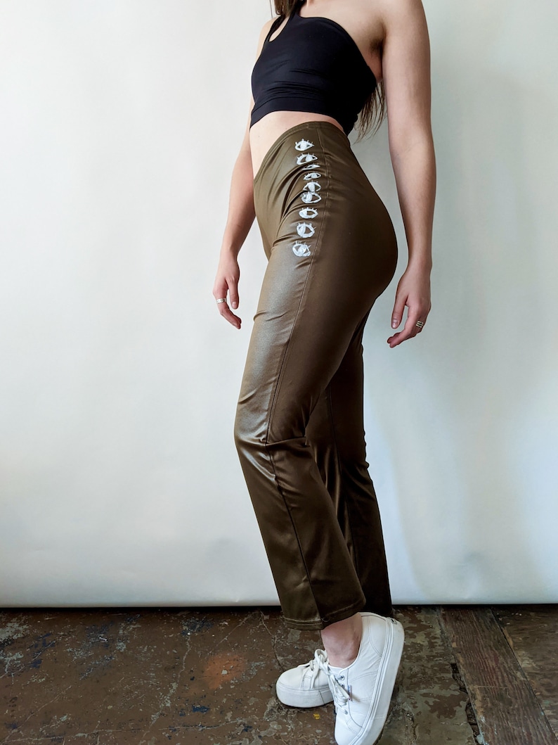 Recycled Sustainable Fitted Flare Army Green Wet Look Pants with Eye Design Hand Painted by Montreal Artist