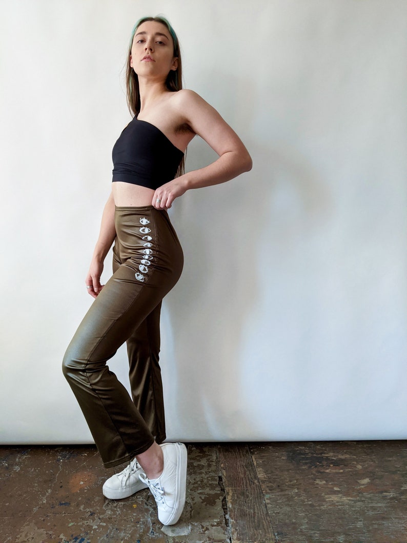 Recycled Sustainable Fitted Flare Army Green Wet Look Pants with Eye Design Hand Painted by Montreal Artist