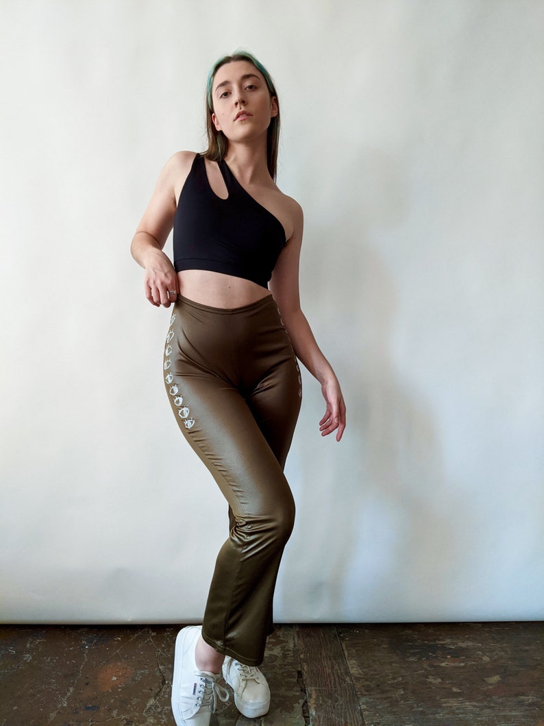 Recycled Sustainable Fitted Flare Army Green Wet Look Pants with Eye Design Hand Painted by Montreal Artist