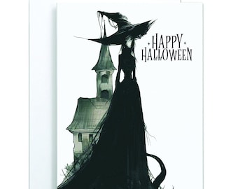May include: A set of ten white note cards with matching envelopes, featuring a black ink illustration of a tall witch in a pointed hat standing before a haunted house, with the text Happy Halloween printed in a stylized black font on the right.