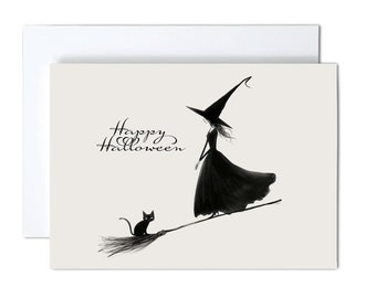May include: A set of 10 note cards and envelopes featuring a black and white illustration of a figure in a long dress and pointed hat riding a broomstick with a black cat. The text Happy Halloween is printed in black script on the off-white card.