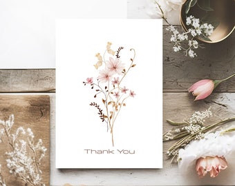 Thank You Cards, Minimalist Watercolor Floral, Wildflower Set of 10 Blank Note Card Pack, Bridal Shower Cards, Wedding Stationery Cards Gift