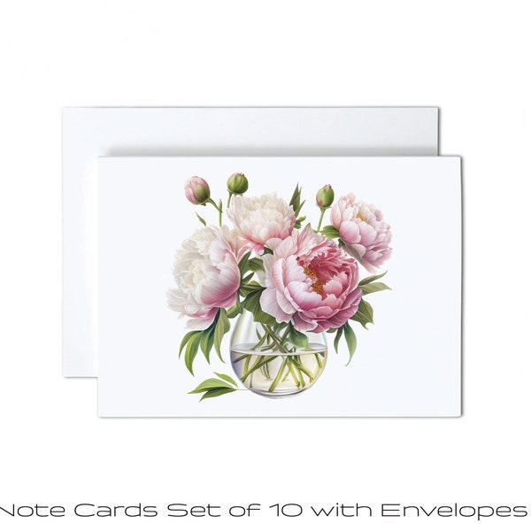 Peony Cards with Envelopes, Watercolor Floral,  Blank Note Card Pack of 10, Any Occassion Greeting Cards, Thank You Card, Birthday Card