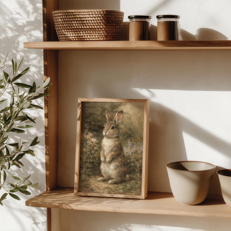 May include: A framed print of a rabbit standing upright in a natural setting. The artwork features a light brown rabbit with long ears, set against a backdrop of green foliage and soft lighting. The frame is made of light-colored wood.