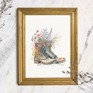 Arte de parede para caminhadas, pintura em aquarela original, impressão giclée sem moldura, presente para casais, arte de aniversário, botas de caminhada para ele e para ela, decoração rústica