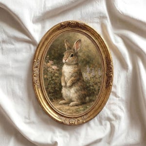 Vintage Rabbit Oil Painting Print, English Countryside Easter Decor image 1