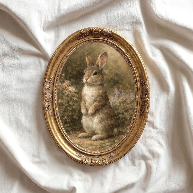 Vintage Rabbit Oil Painting Print, English Countryside Easter Decor image 1