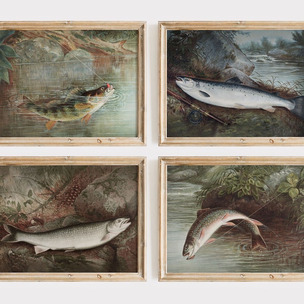 Impressions de pêche, Peintures de poissons vintage de truite, Pêche à la mouche d’achigan, Set de 4 Galerie Wall Woodland Art, Décor de chalet rustique