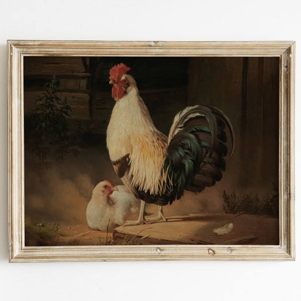 Peinture de ferme de campagne, décor mural de ferme vintage, peinture d’animaux anciens, peinture de coq et de poule, décor de pays vintage, art imprimable