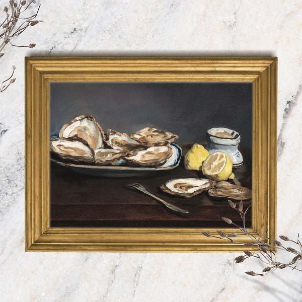 Moody Vintage Painting, Oyster Still Life Giclée Print, Culinary Kitchen Wall Art, Dark Academia Decor, Chef or Foodie Farmhouse Decor