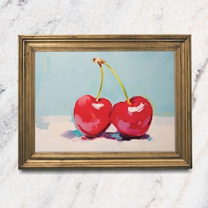 Impresión de pintura al óleo de cereza, pintura pequeña original, ilustración de frutas, decoración del hogar para la cocina, arte de pared enmarcado, regalo de arte realista coqueto