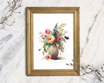 May include: A watercolor painting of a bouquet of flowers in a brown vase. The flowers are a mix of pink, red, orange, yellow, and purple. The vase is on a white background.