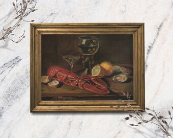 Lobster Art Print, Unframed Lobster Oil Painting Print, Beach House, Dark Academia Coastal Painting, Vintage Still Life Painting, Nautical