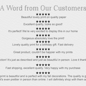 May include: Text on a light gray background reads "A Word from Our Customers" followed by customer reviews with star ratings. Reviews mention print quality, appearance, and satisfaction with purchases.