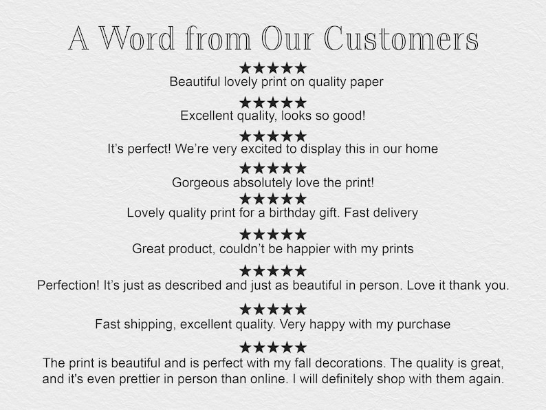 May include: Text on a light gray background reads "A Word from Our Customers" followed by customer reviews with star ratings. Reviews mention print quality, appearance, and satisfaction with purchases.