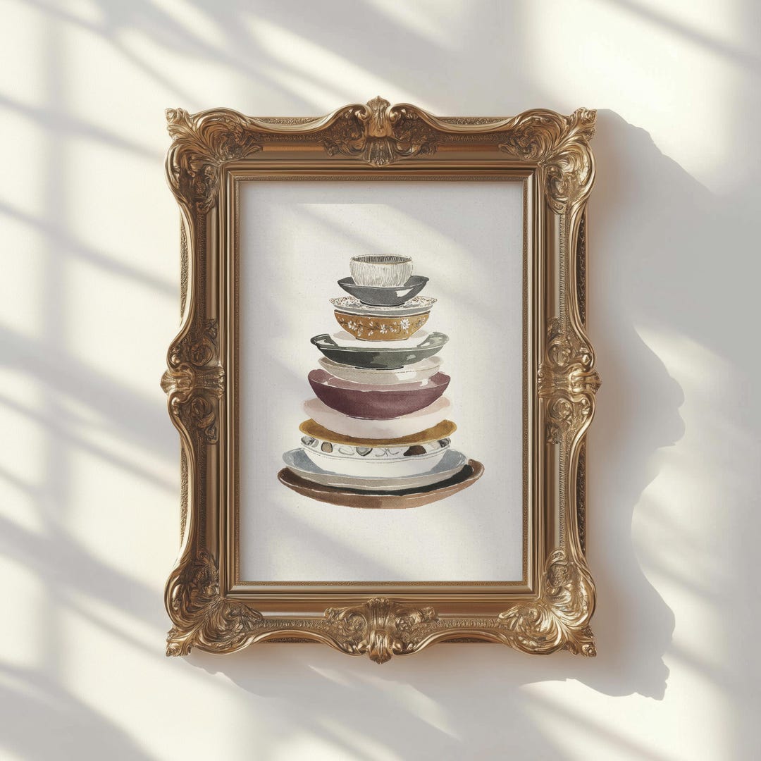 Minimalist Watercolor Painting, Stack of Kitchen Dishes Art Print ...