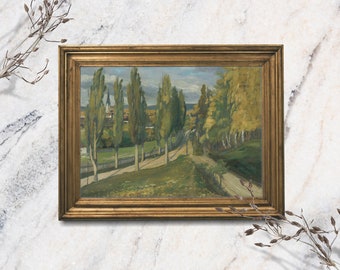 French Country Art Print, Vintage European Landscape Oil Painting, Muted Green Tuscany Kitchen Wall Decor or Shelf Art