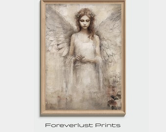 Moody Angel Art Print,  Guardian Angel Portrait Painting, Neutral Christmas Decor, Religious Wall Art, Abstract Angel Unframed Mailed Print