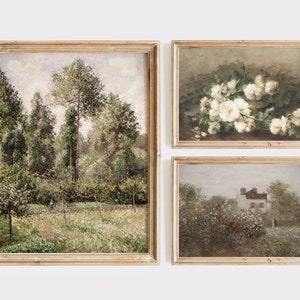 Cottage Oil Paintings, Set of 3, Rose Garden Wall Art, Vintage Muted Print, PRINTABLE Digital