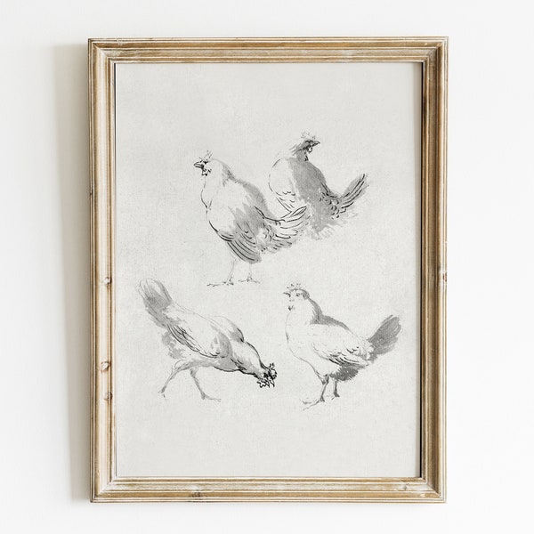 Neutral Farmhouse Antique Sketch Print, Vintage Rooster & Hens Drawing, Farmhouse Decor, Printable Art Download