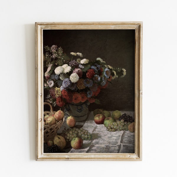 Country Kitchen Print | Vintage Painting | Fruit Still Life Printable I Moody Floral Dark Farmhouse Wall Decor