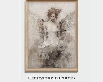 Guardian Angel Art Print, Moody Portrait Painting, Neutral Christmas Decor, Religious Wall Art Angel, Abstract Angel Unframed Mailed Print