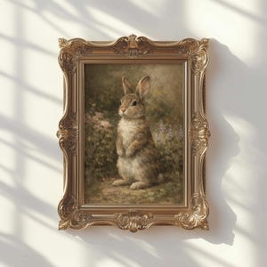 May include: A framed vintage-style painting of a rabbit standing upright in a field of flowers. The artwork features a brown and beige rabbit with long ears, set against a soft, blurred background. The ornate gold frame adds a classic touch.