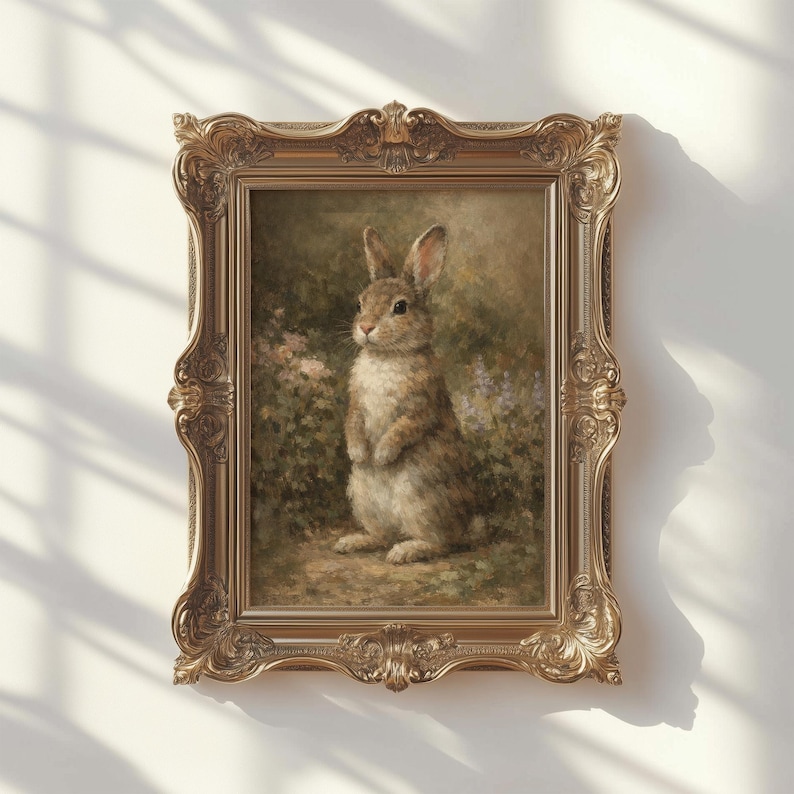 May include: A framed vintage-style painting of a rabbit standing upright in a field of flowers. The artwork features a brown and beige rabbit with long ears, set against a soft, blurred background. The ornate gold frame adds a classic touch.