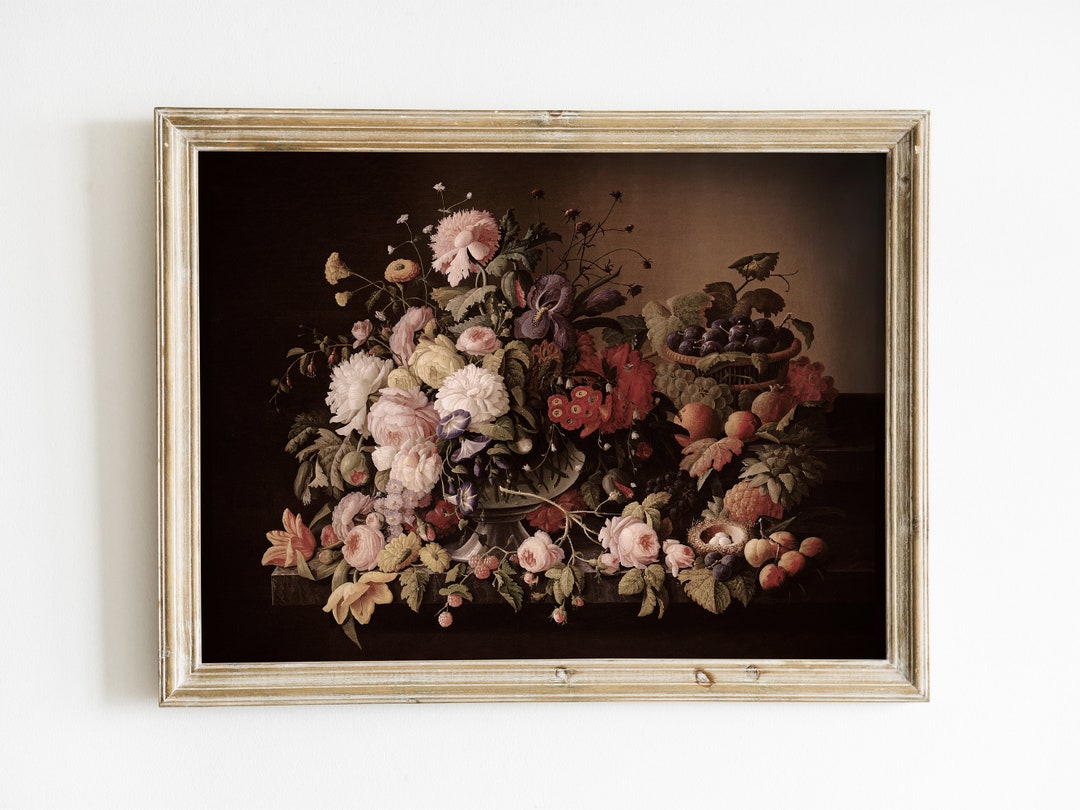Moody Vintage Flower Print, Dark Floral Still Life Oil Painting ...