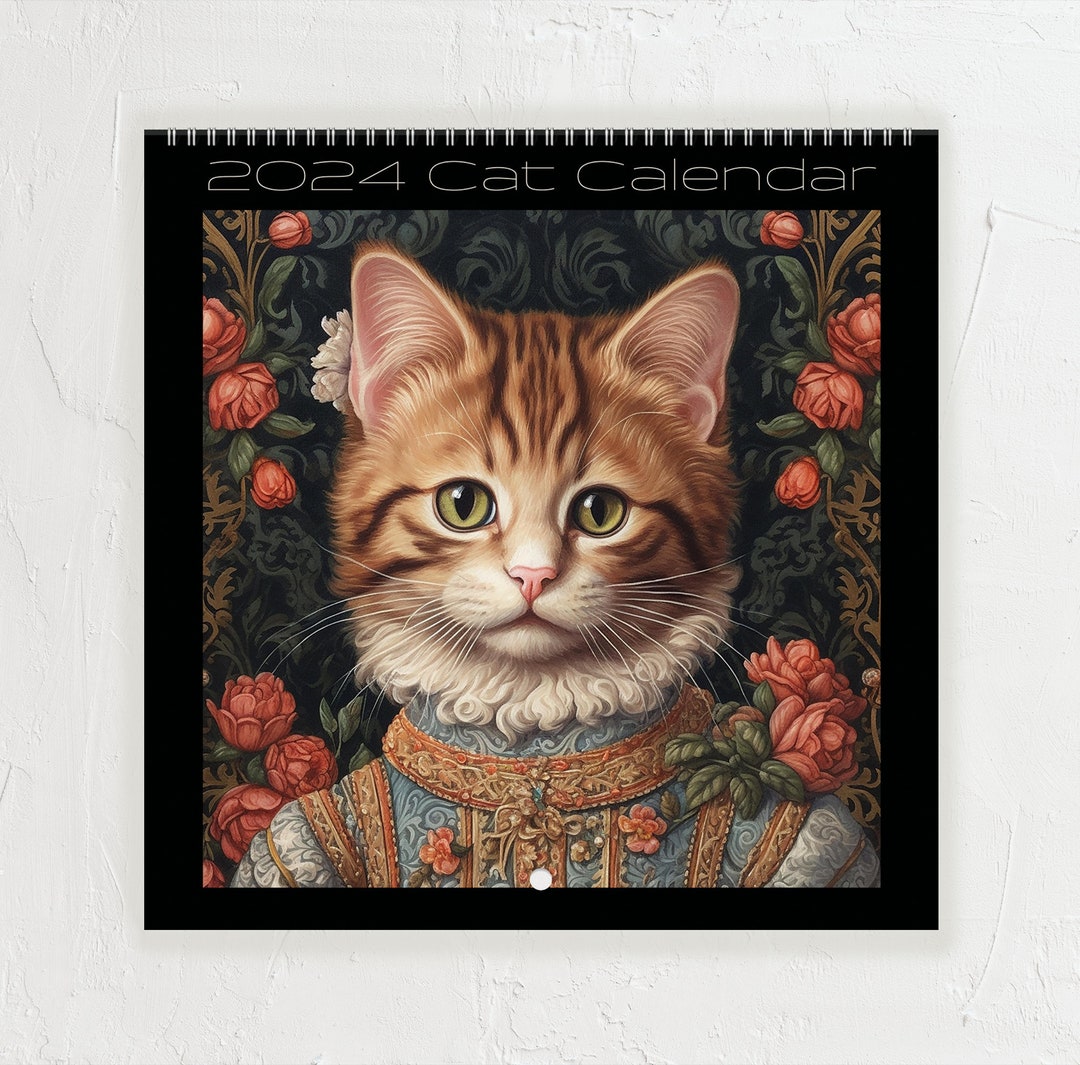 Cat 2024 Wall Calendar, Victorian Cats, Vintage Feline Fashion Monthly Calendar, Illustrated 12