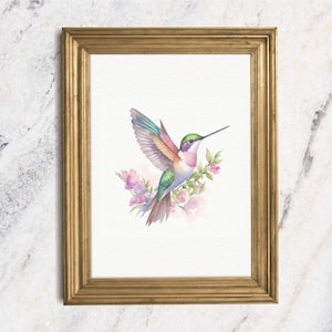 Hummingbird Watercolor Painting Art Print, Bird Decor, Country Farmhouse Shelf Art, Cottage Core Aesthetic Nursery Art, Small Print Art Gift