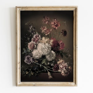 Moody Vintage Flower Print, Dark Floral Still Life Oil Painting, Dark Academia Decor, Printable Digital Antique Art