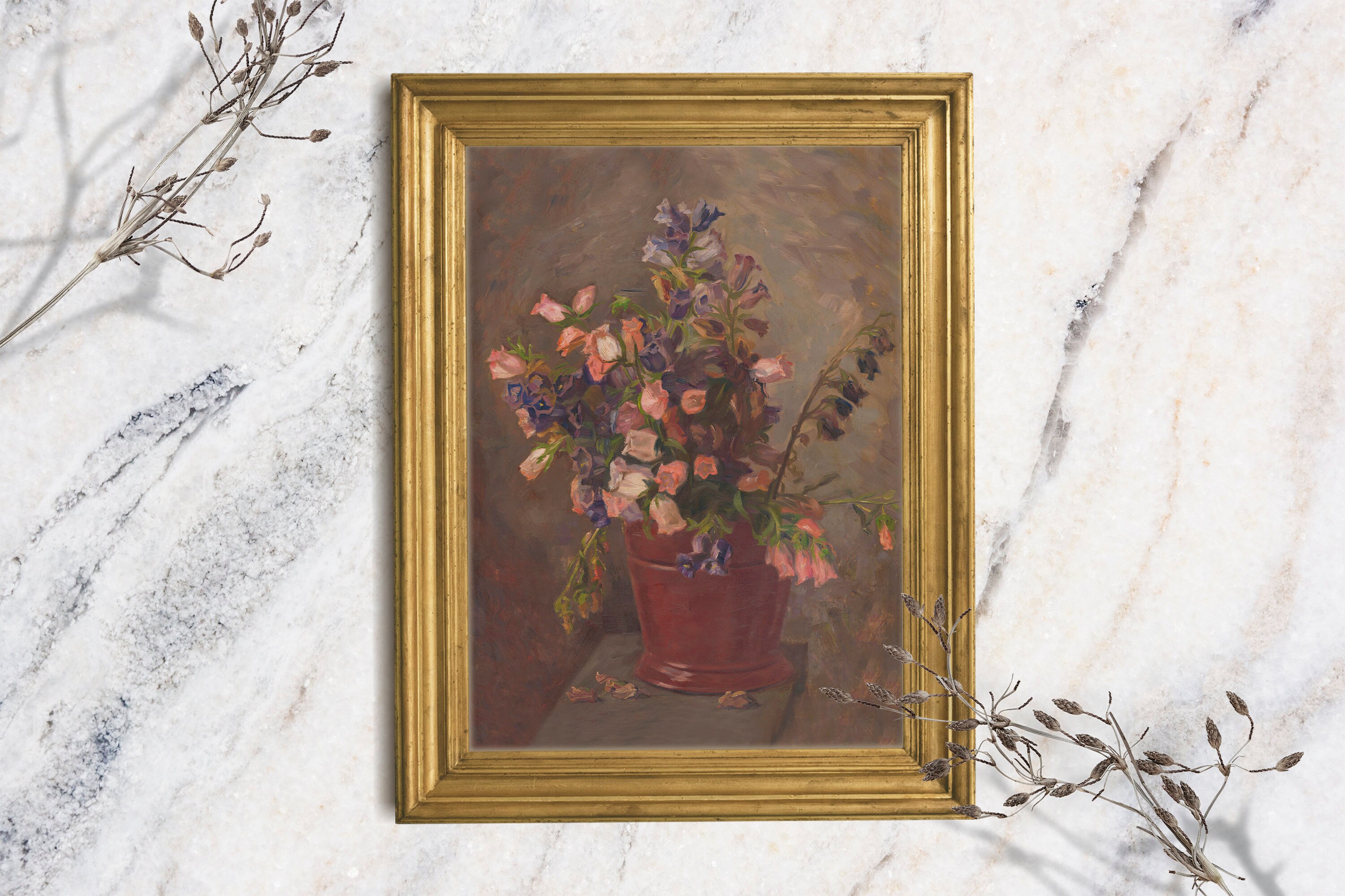Flower Still Life Art Print, Floral Vintage Oil Painting, Earth Tone — free download